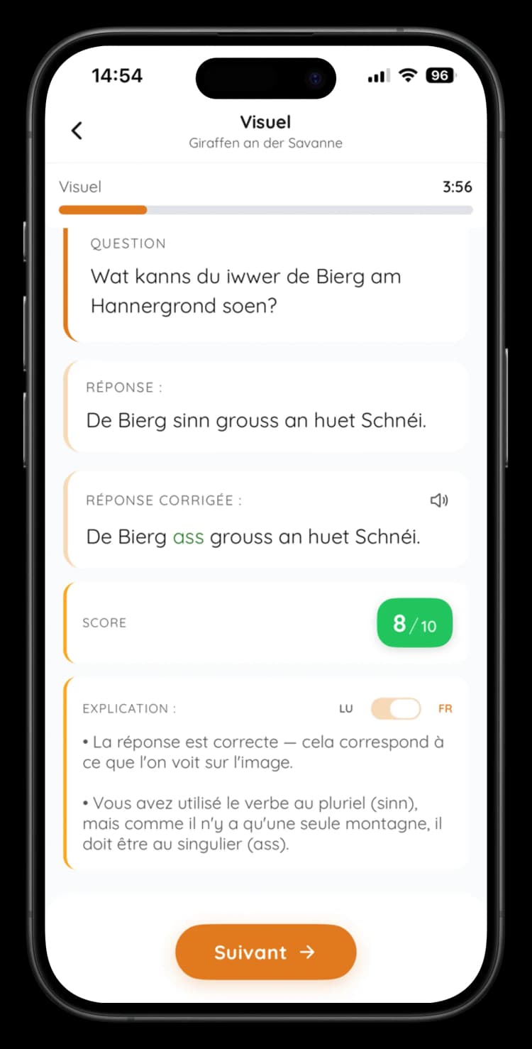 Sproochentest AI listening practice screen